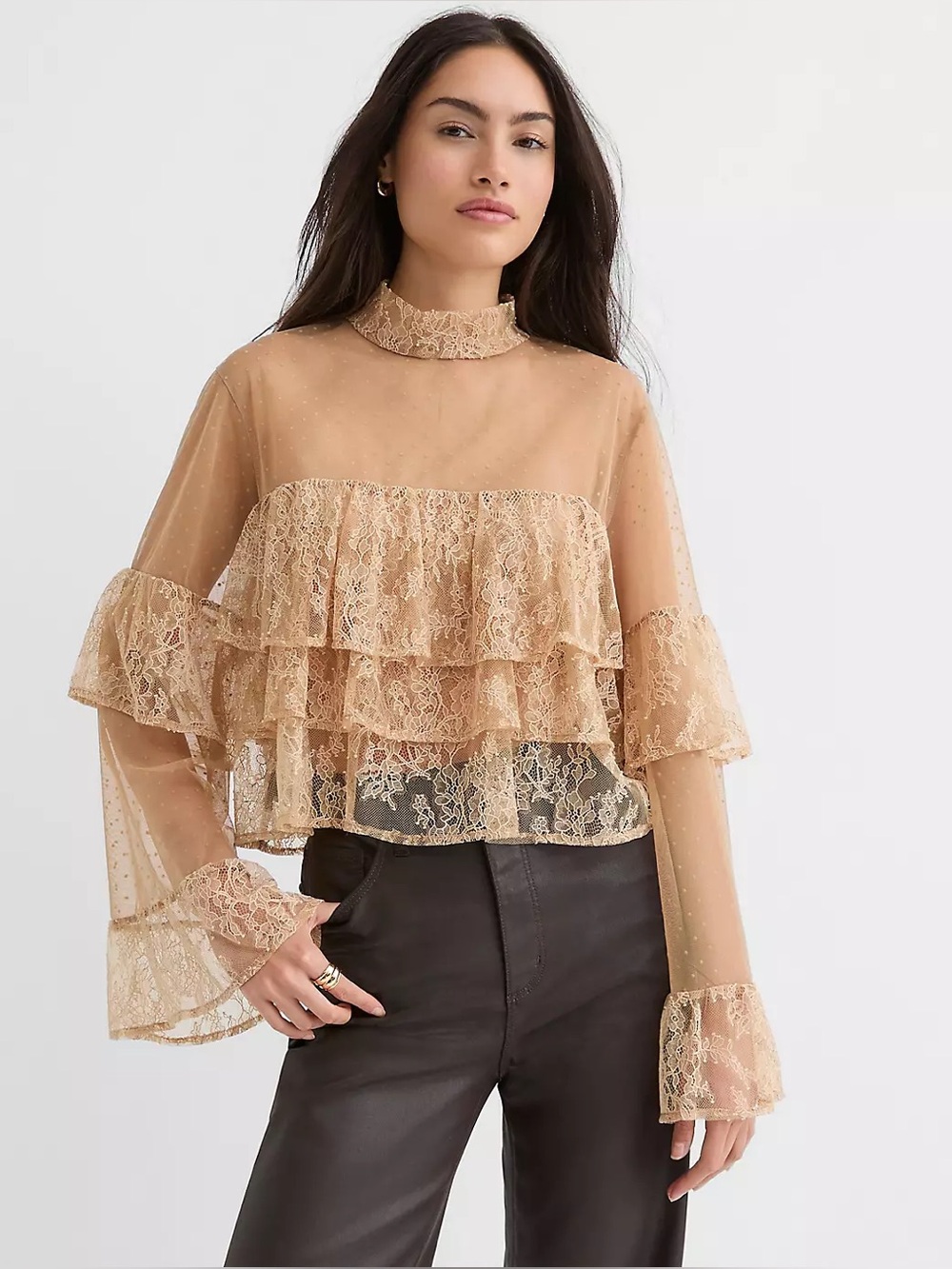LOFT mockneck dotted chantilly lace ruffle sheer blouse